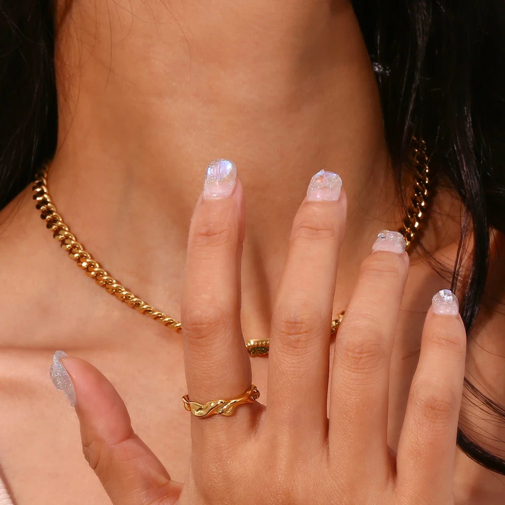 luckacco casting irregular water wave hammered gold plated index finger rings for woman minimalist basics stainless steel rings jewelry