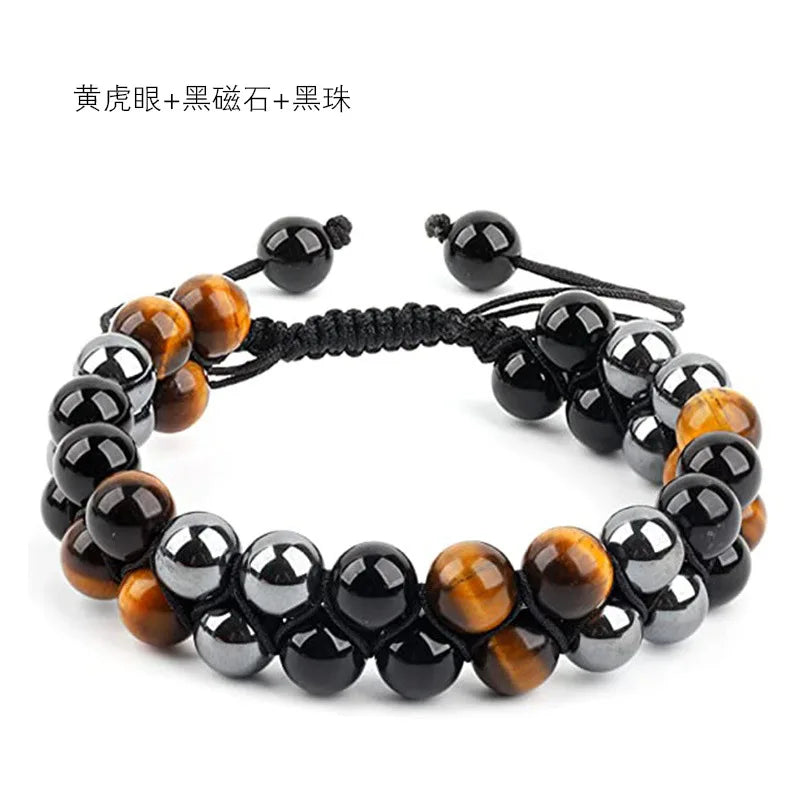 luckacco 8mm natural tiger eye stone adjustable bracelet double layer hand woven  row strand beaded bangles couple party jewelry