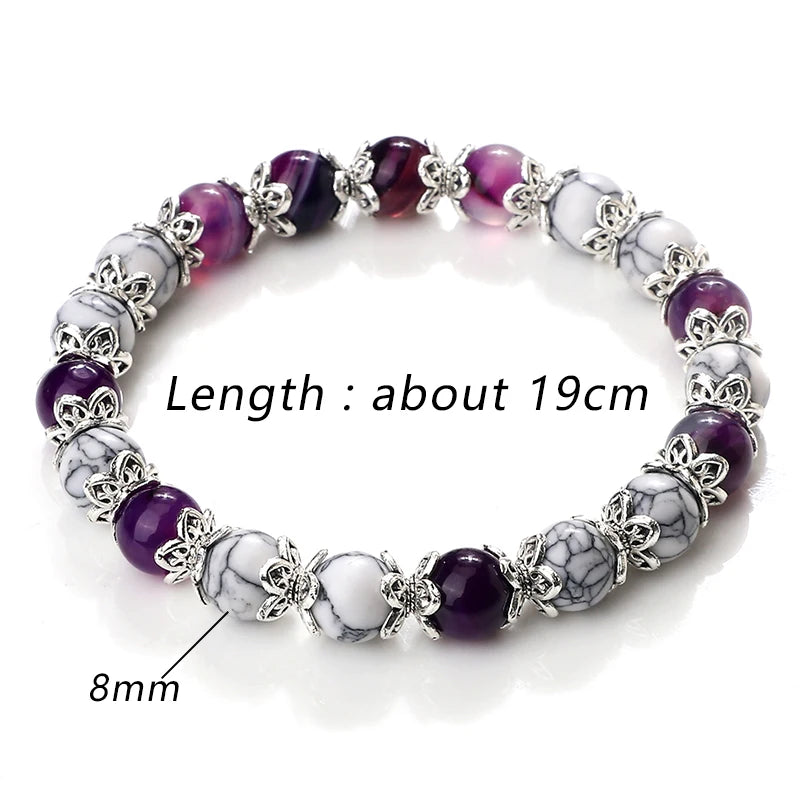 luckacco 8mm white howlite stone women bracelet metal spacer charm natural agates pink rose quartz beads bracelets for men jewelry gifts