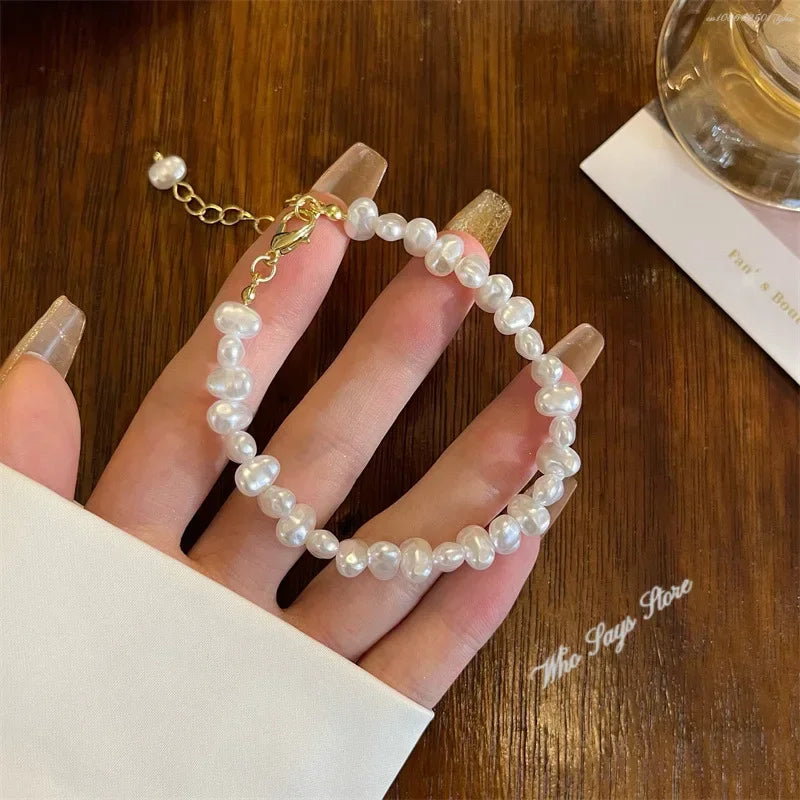luckacco ins pearl bracelet for women irregular shaped pearl  small and unique design high grade and elegant style bracelets pulseras 팔찌