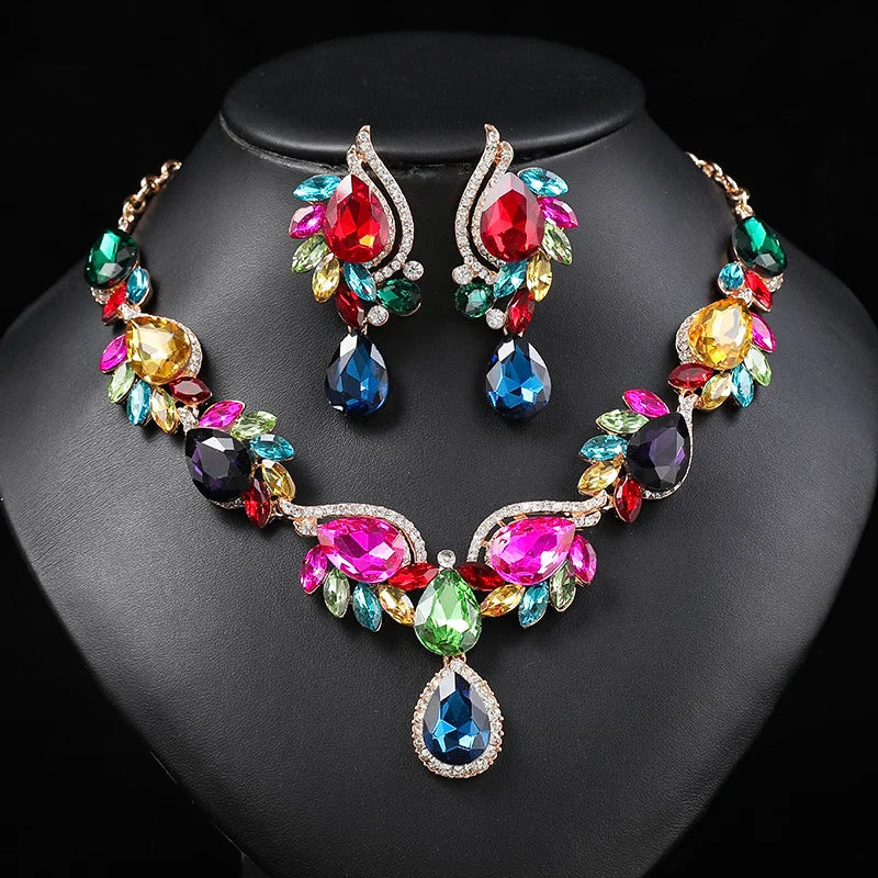 luckacco gorgeous colorful crystal rhinestone lucky necklace earring set wedding party costume jewellery newstyle trendy design girl gift