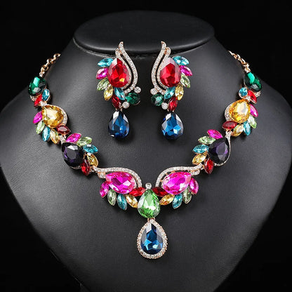Luckacco Gorgeous Colorful Crystal Rhinestone Lucky Necklace Earring Set Wedding Party Costume Jewellery NewStyle Trendy design Girl Gift