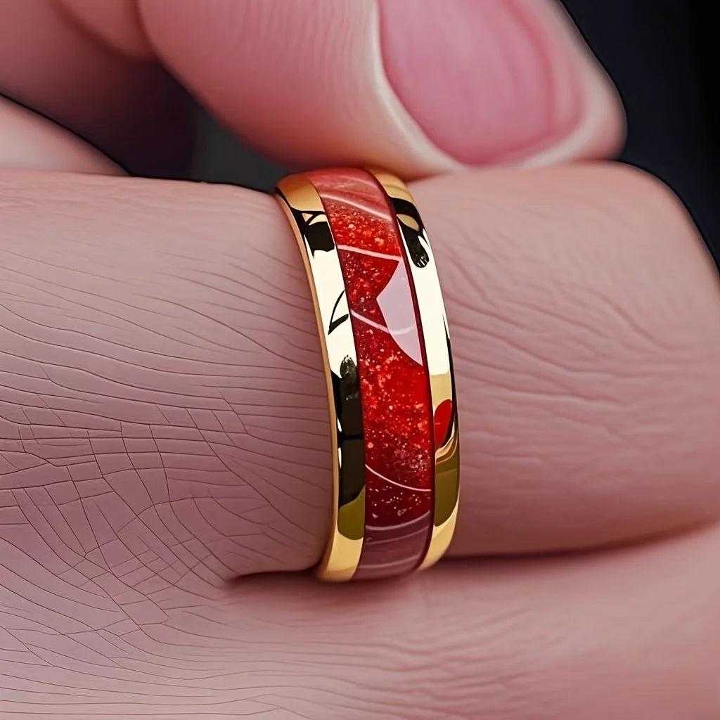 luckacco 8mm fashion men women red stainless steel rings unique wedding engagement band jewelry party unisex steel ring accessories
