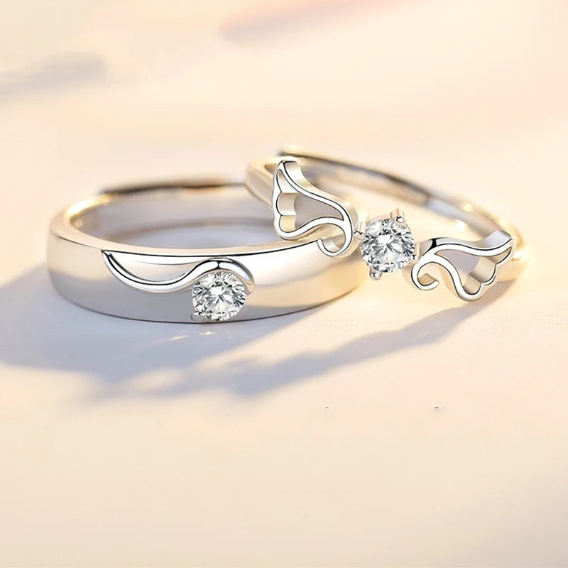 luckacco high-quality couple wedding ring for woman men 2pcs love heart zircon adjustable rings fashion stainless steel engaged jewelry