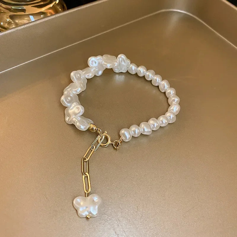luckacco irregularity multilayer baroque pearl chain bracelet for women wedding bridal kpop luxury beaded heart bracelets couple jewelry