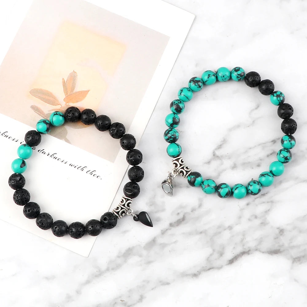 luckacco 2pcs/set natural stone beaded bracelet for lovers distance heart magnet buckle couple bracelets friendship fashion jewelry gifts