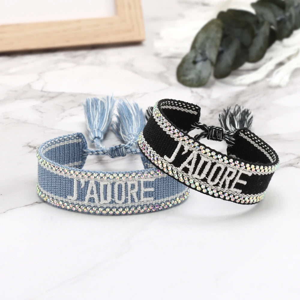 luckacco rhinestone embroidery woven bracelets adjustable rope stackable bangle for women