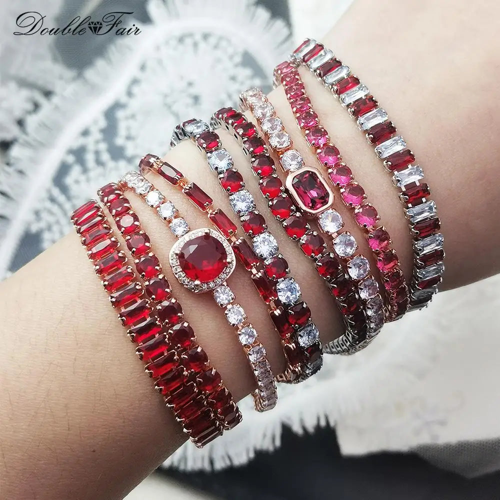 luckacco designer red zirconia short tennis bracelets for women men dazzling crystal adjustable chain on hand party daily gifts jewelry