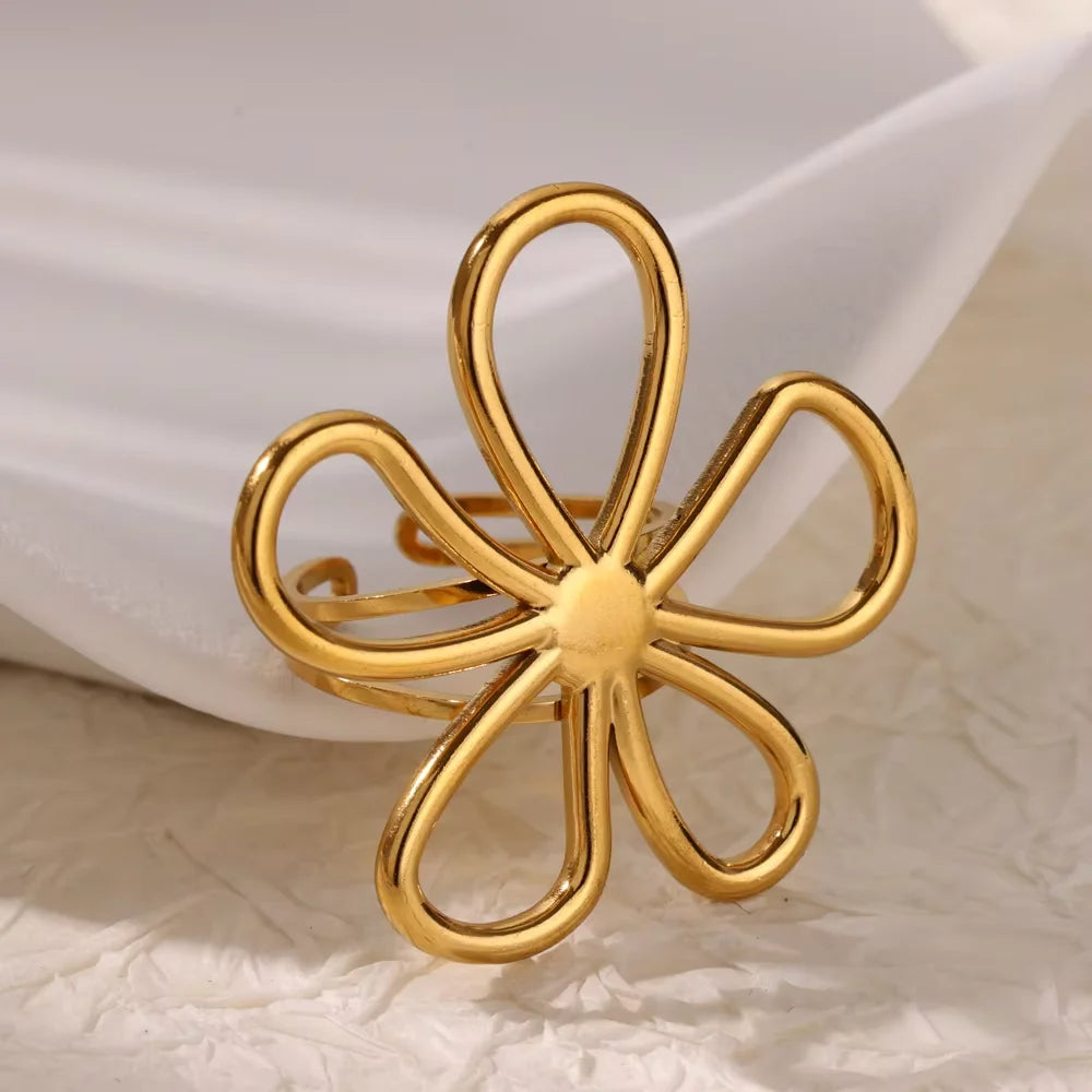 luckacco elegant stainless steel big bloom flower rings for women gold color sun starfish open ring finger jewelry wedding her gift punk