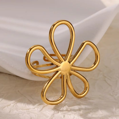 Luckacco Elegant Stainless Steel Big Bloom Flower Rings For Women Gold Color Sun Starfish Open Ring Finger Jewelry Wedding Her Gift Punk