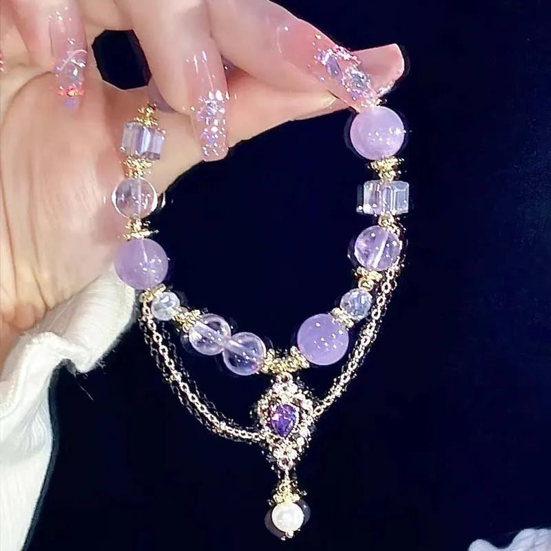 luckacco light luxury purple glass crystal beaded bracelets for women chic butterfly tassel pendant bracelets sweet girl wrist jewelry