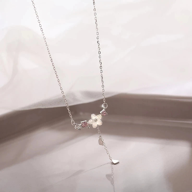 luckacco 925 sterling silver inlaid zircon necklaces for women romantic cherry blossom pendant clavicle chain choker jewelry