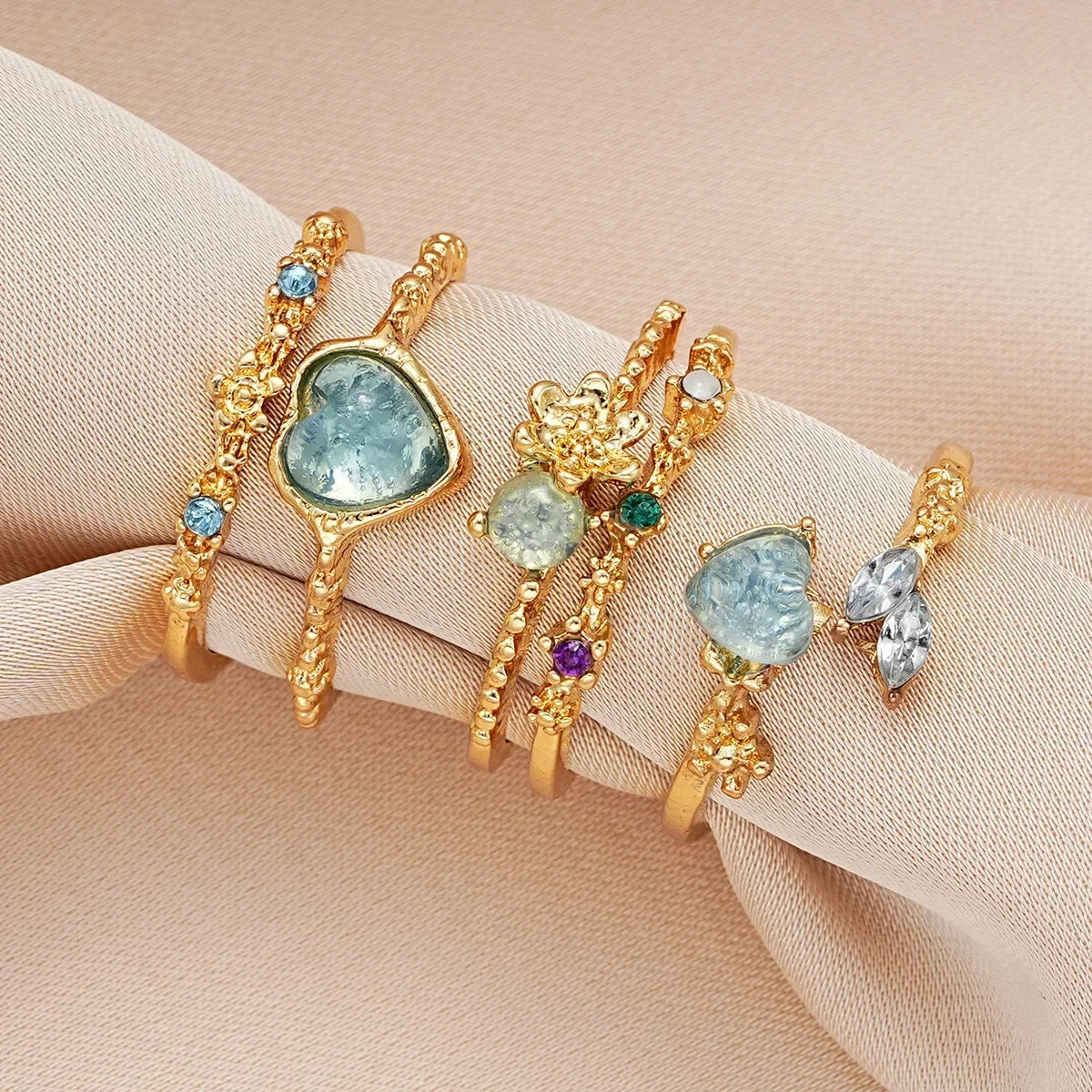 luckacco new y2k crystal rings kpop heart adjustable ring irregular geometry punk vintage rings set for women girls 2025 fashion jewelry