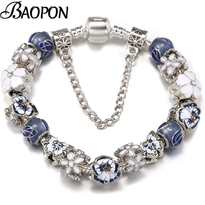luckacco baopon spring styles butterfly pansy beads charm bracelets diy fine bracelets for women men fiancee bijoux pulseras jewelry gift