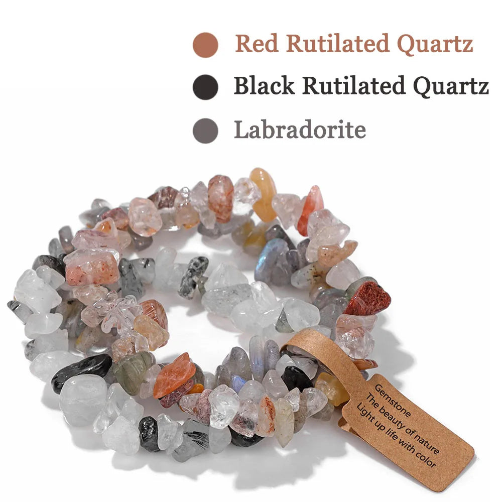 luckacco 3pcs natural chip stone bracelet set irregular fluorite quartzs stretch bracelet with tag healing jewelry gifts for women men