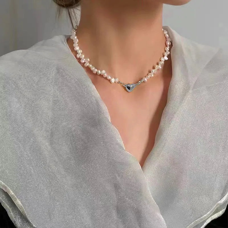 luckacco korean fashion pearl chain choker necklace for women girls 2022 trend jewelry heart pendant necklace bridal engagement