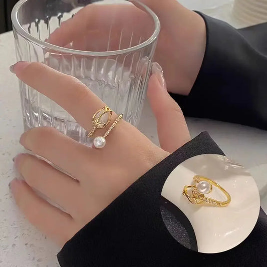 Luckacco Korean Trend Tulip Flower Imitation Pearl Rings for Women Elegant Simple Adjustable Opening Finger Ring Party Wedding Jewelry