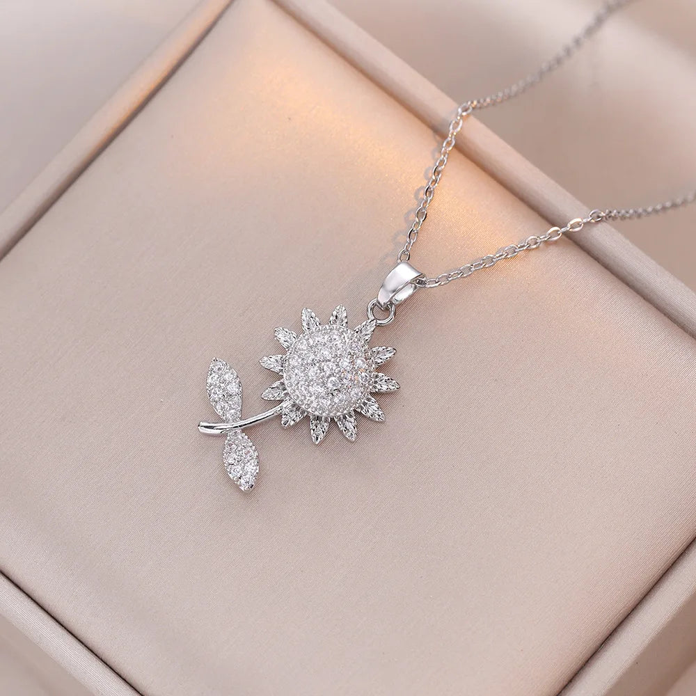 luckacco korea trendy crystal sunflower rotatable pendant necklace for women luxury silver color stainless steel zircon choker jewelry