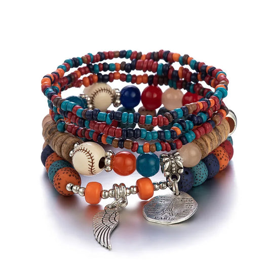 Luckacco Boho Tree Of Life Bracelet Set For Women Fashion Tassels Charm Wooden Beads Elastic Chain Bangle Girl Trendy Party Jewelry