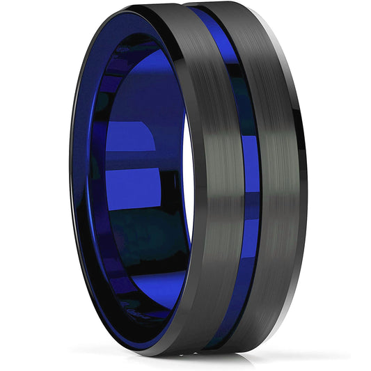 Luckacco Fashion 8mm Black Tungsten Wedding Celtic Dragon Rings Inlaid Blue Zircon Stainless Steel Rings for Men Blue Carbon Fibre Ring