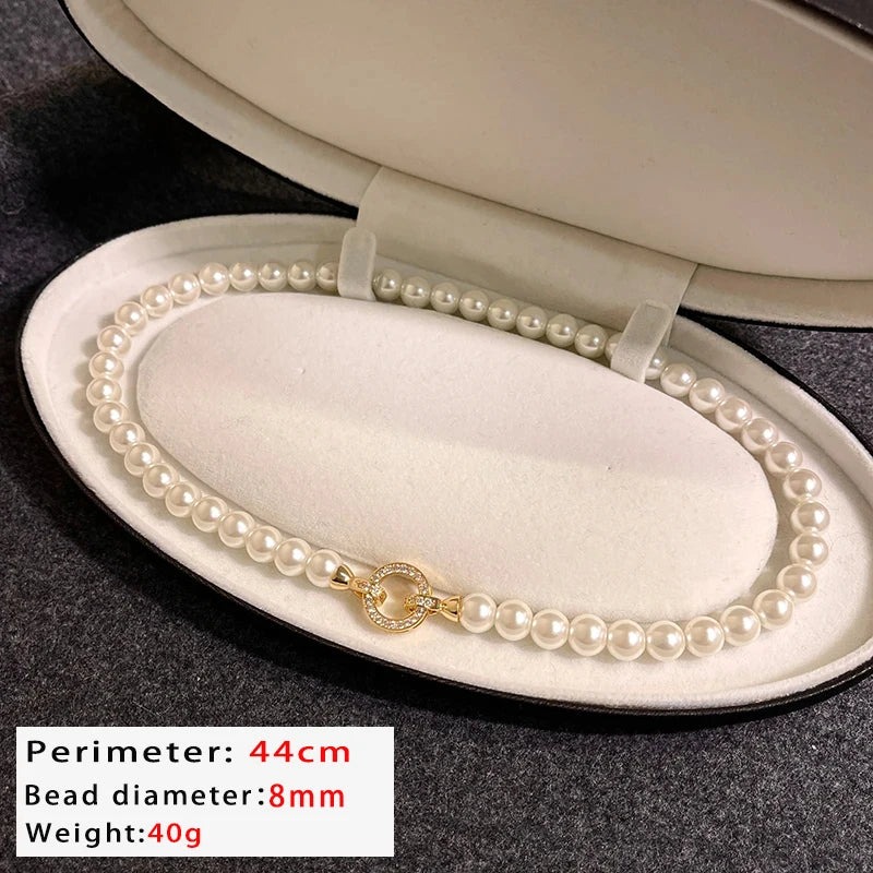 luckacco french elegant micro set zircon round buckle imitation pearl beaded necklace for women's temperament jewelry sweet accessories