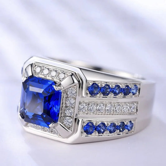 Luckacco Hot Selling Silver Plated Alloy Mosaic blue square zircon Rings For Men Jewelry Birthday Party Ring  Size 7-13