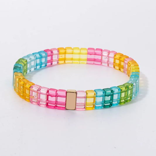 Luckacco 4x8mm Crystal Acrylic Bangle For Women Handmade Rainbow Color Elastic Bracelets