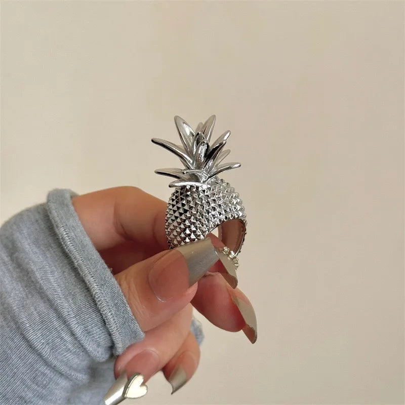 luckacco new summer retro metal fruit pineapple gold silver colour wide ring vintage women girl jewelry accessories gift 2025