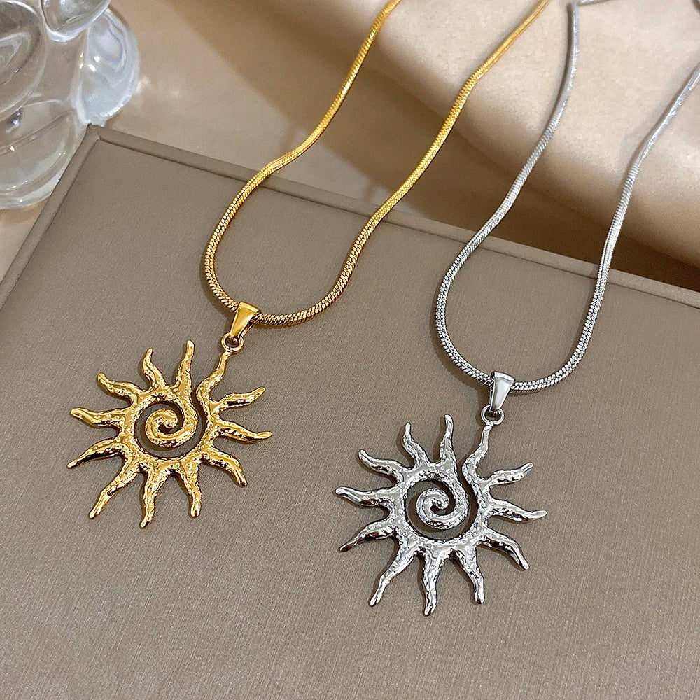luckacco unique spiral sun totem pendant necklace for women men stylish gold silver color stainless steel necklaces charm ethnic jewelry