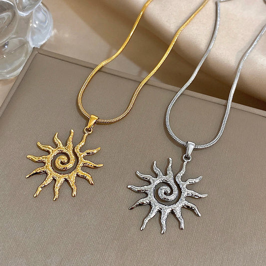 Luckacco Unique Spiral Sun Totem Pendant Necklace for Women Men Stylish Gold Silver Color Stainless Steel Necklaces Charm Ethnic Jewelry