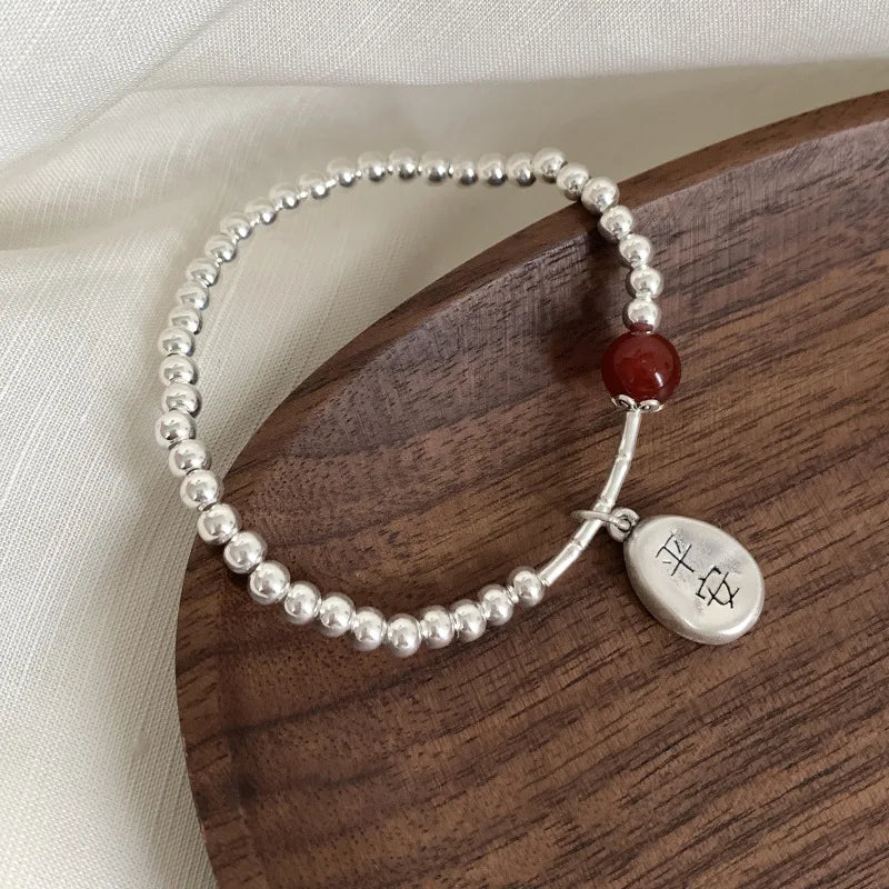 luckacco new 925 silver geometric bead punk peace of mind words irregular string bracelet for woman girl fashion jewelry gift dropship