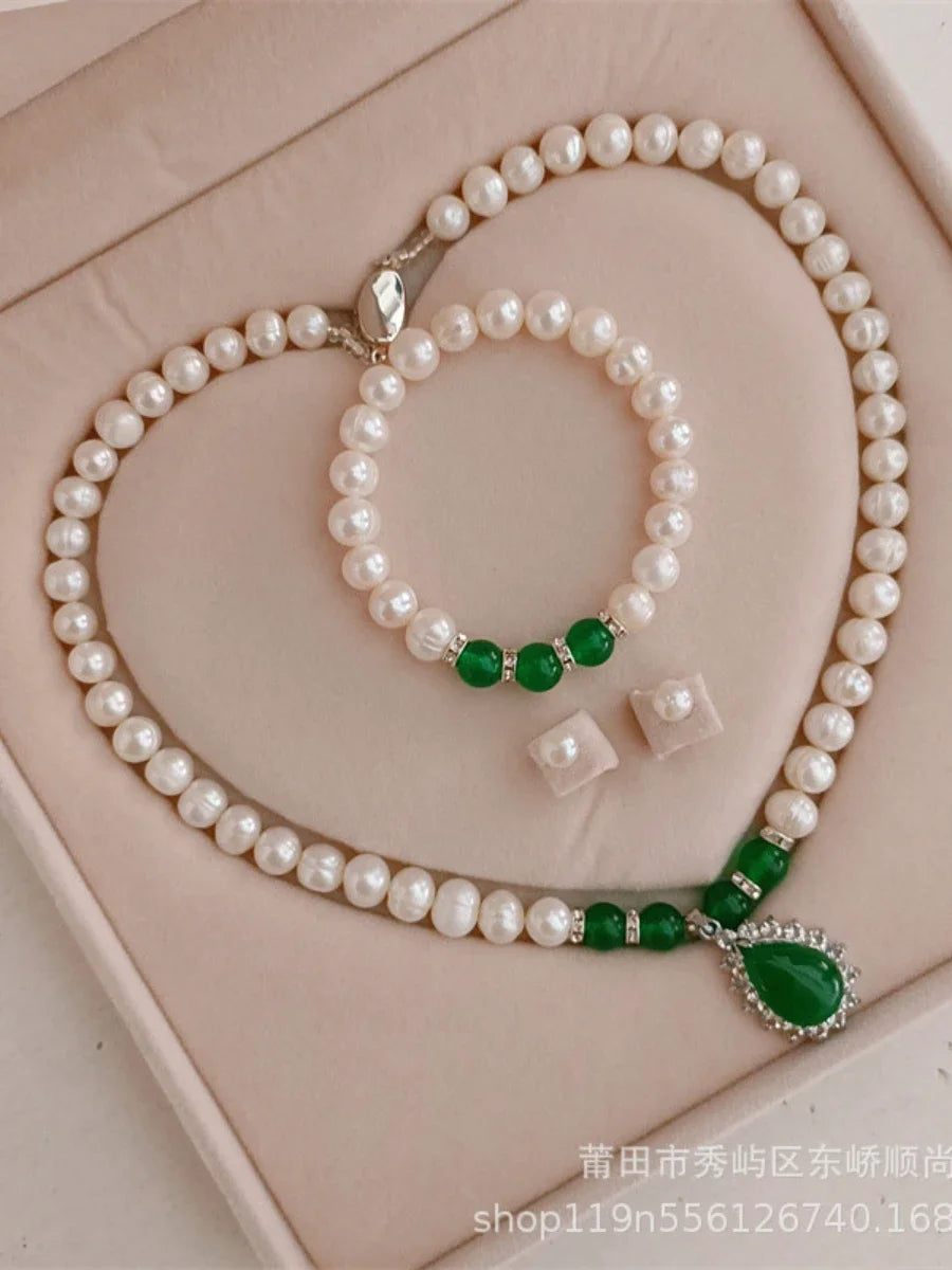 luckacco 8-9mm near round white natural freshwater pearl necklace red/green waterdrop chalcedony bracelet earrings for mother jewelry set