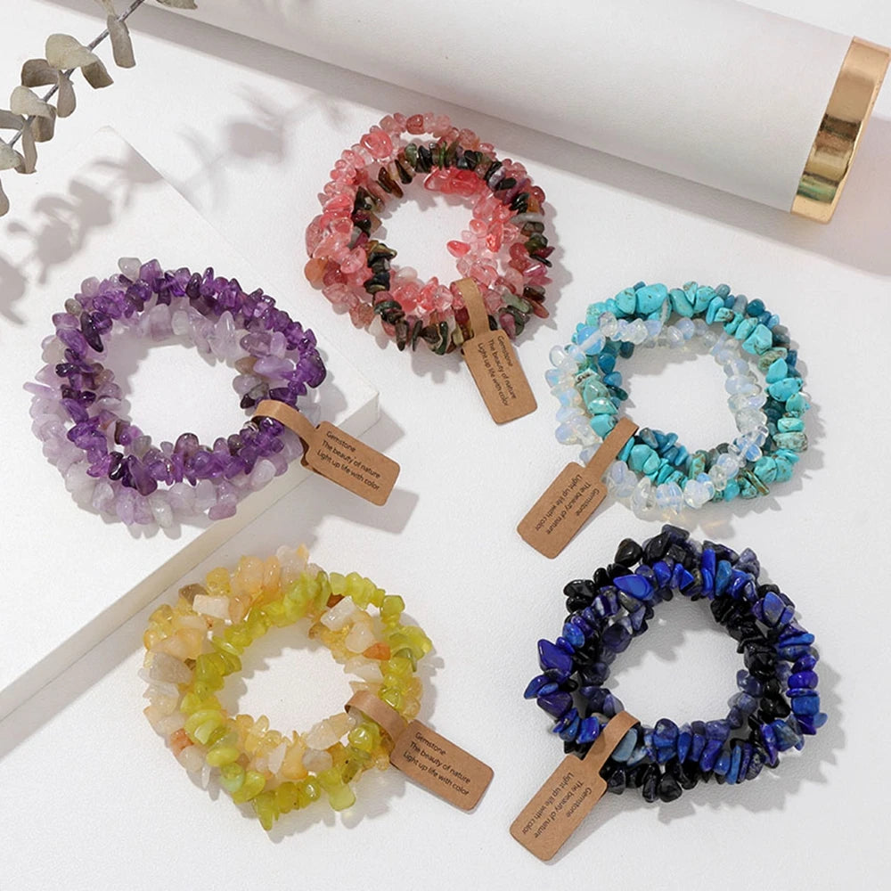 luckacco 3pcs natural chip stone bracelet set irregular fluorite quartzs stretch bracelet with tag healing jewelry gifts for women men