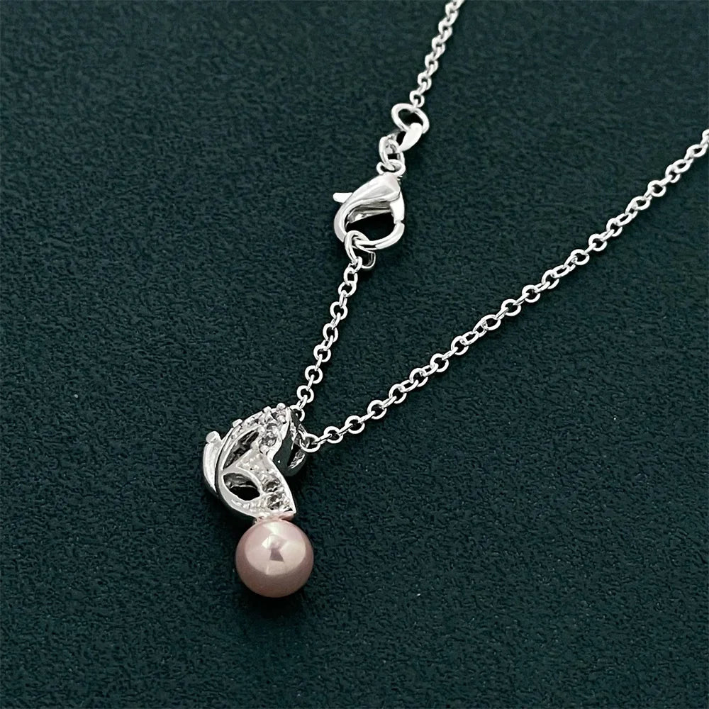 luckacco exquisite 925 silver jewelry, butterfly pearl pendant with diamonds and a thin chain, elegant style