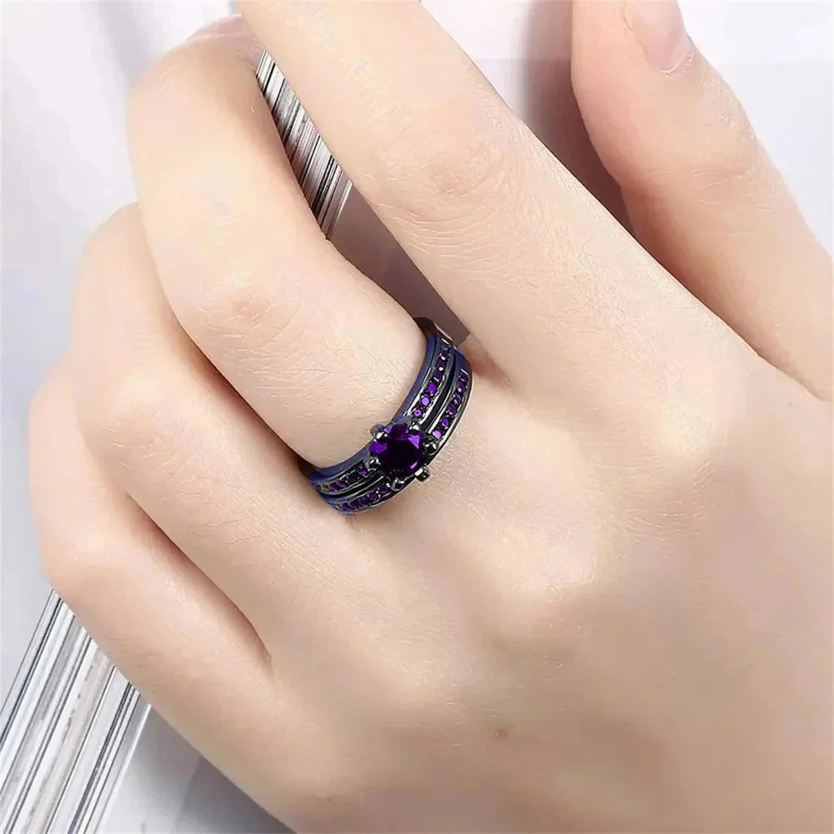 luckacco fashion couple rings charm purple rhinestones cz women rings set trendy men stainless steel zirconia ring wedding band jewelry