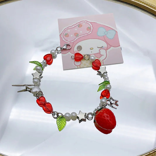 Luckacco 1 Pc Exquisite Strawberry Cute Fashion Color Alloy Beaded Bracelet Set Women Party Favors