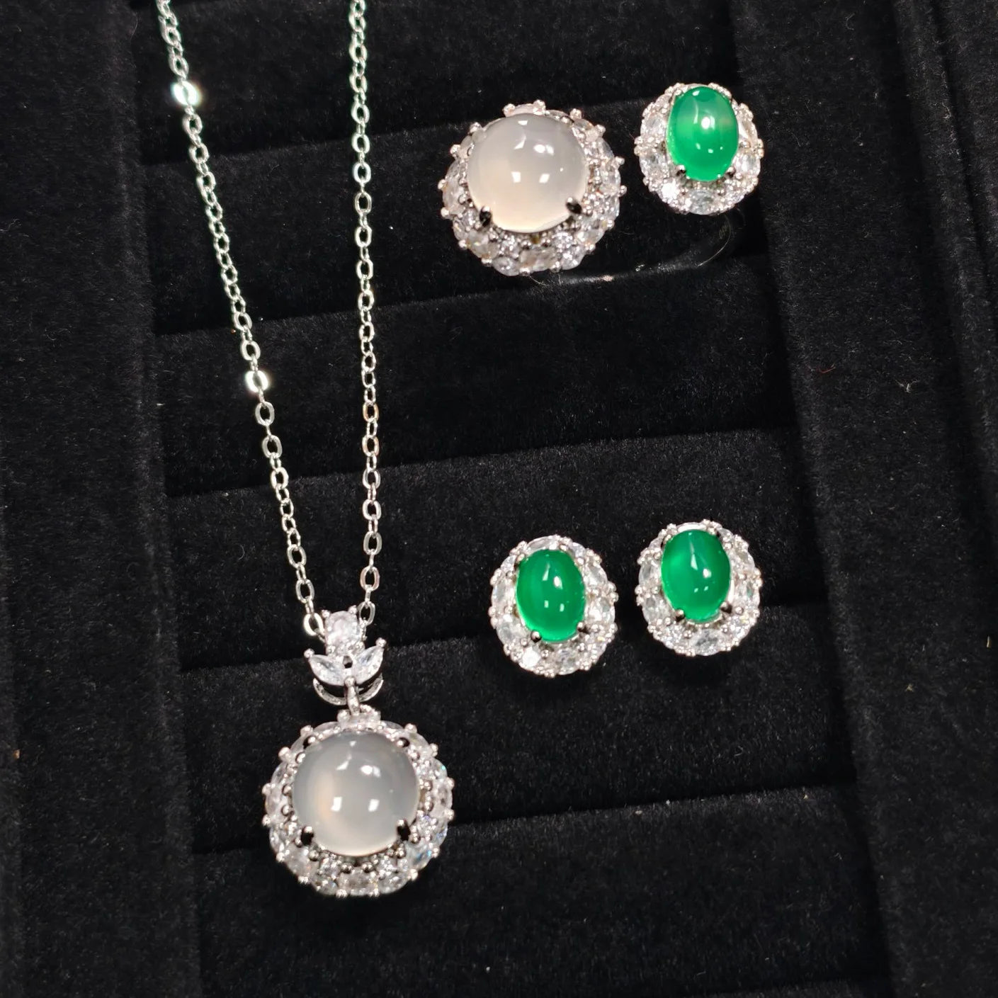 luckacco valuable lab jade diamond jewelry set 925 sterling silver engagement wedding rings earrings necklace for women bridal party gift