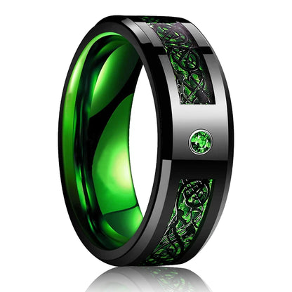 Luckacco Fashion 8mm Black Tungsten Wedding Celtic Dragon Rings Inlaid Blue Zircon Stainless Steel Rings for Men Blue Carbon Fibre Ring