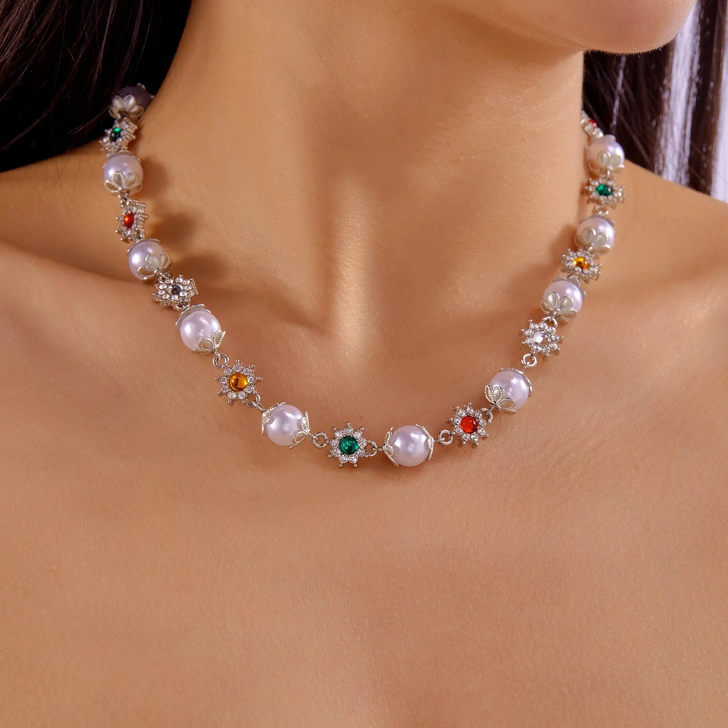luckacco ifyouoo luxury shinny colorful rhinestone short necklace women imitation pearl choker trousers chain jewelry collar wed bridal