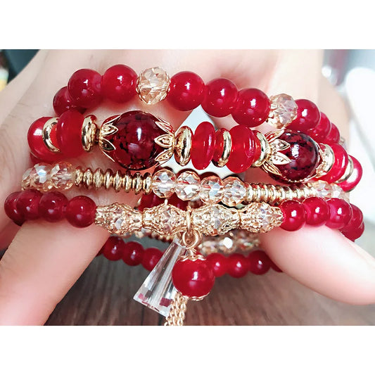 Luckacco Bohemian 4pcs Crystal Multi-layer Beaded Bracelet for Women Sweet Girls Colorful Round Shape Jewelry Friendship  Gifts