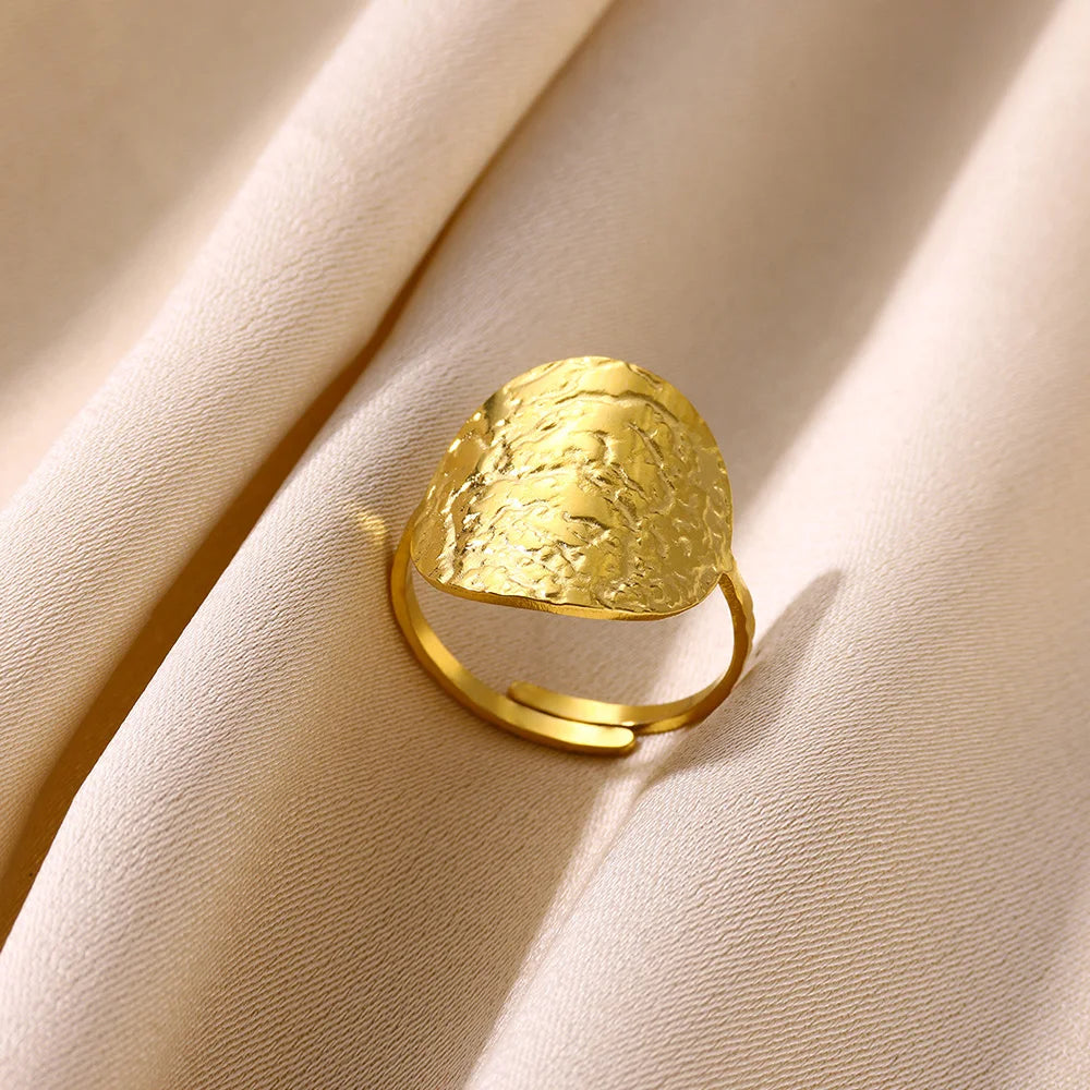 luckacco gold color stainless steel coin ring broad surface elliptical geometry rings fashion elegant jewelry accessories for women gift