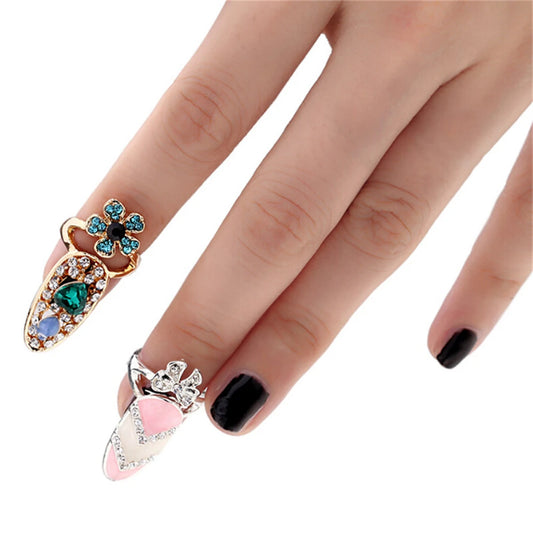 Luckacco Fashion Rhinestone Crown Flower Nail Ring Adjustable Opening Gold Plated Manicure Joint Ring for Women Party Jewelry