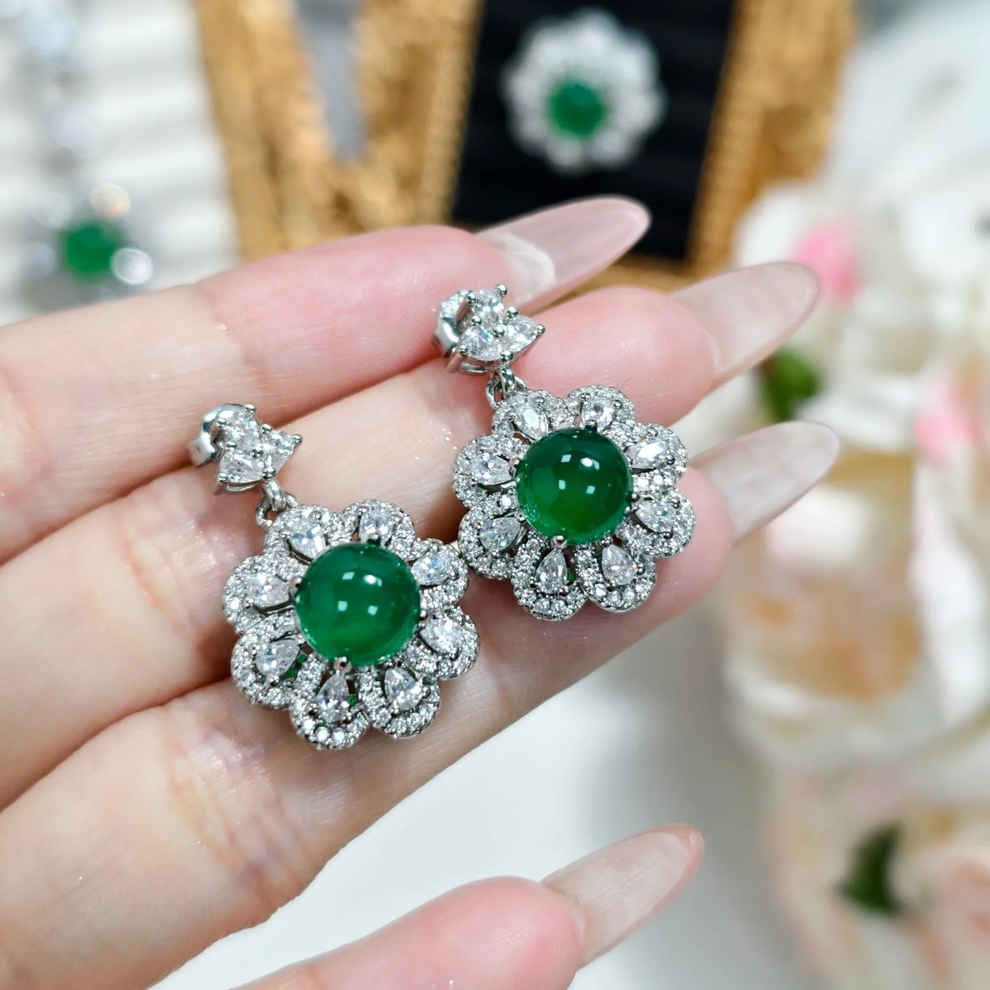 luckacco valuable lab jade diamond jewelry set 925 sterling silver engagement wedding rings earrings necklace for women bridal party gift