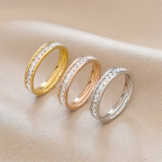 Luckacco 1 and 2 Rows Stones Ring for Women Quality Silver Rose Gold Color Stainless Steel Wedding Ring