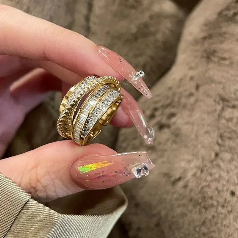 luckacco 2024 silver color rhinestone ring multi-layer winding rings for women wedding full zircon finger rings fashion jewelry gifts
