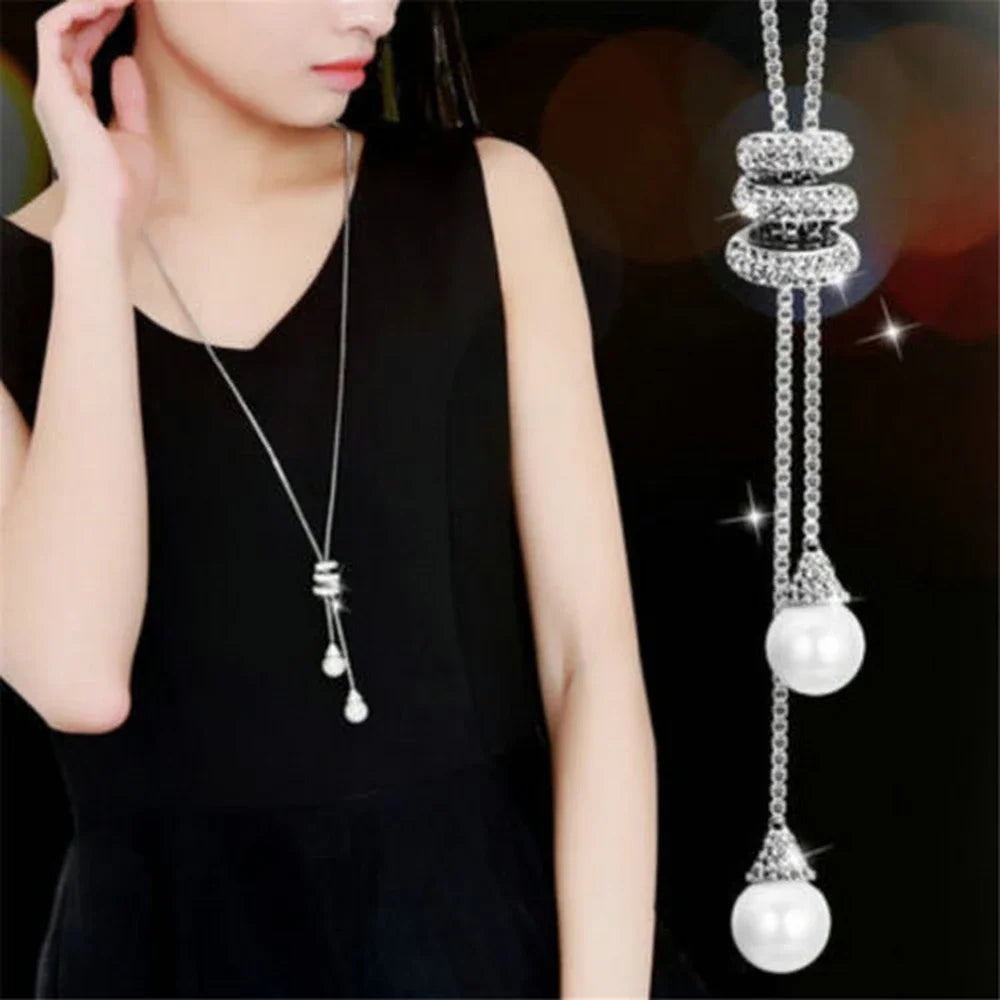 luckacco 2024 new high quality fashion metal long tassel rhinestone crystal pearl long chain necklace sweater patry necklace jewelry