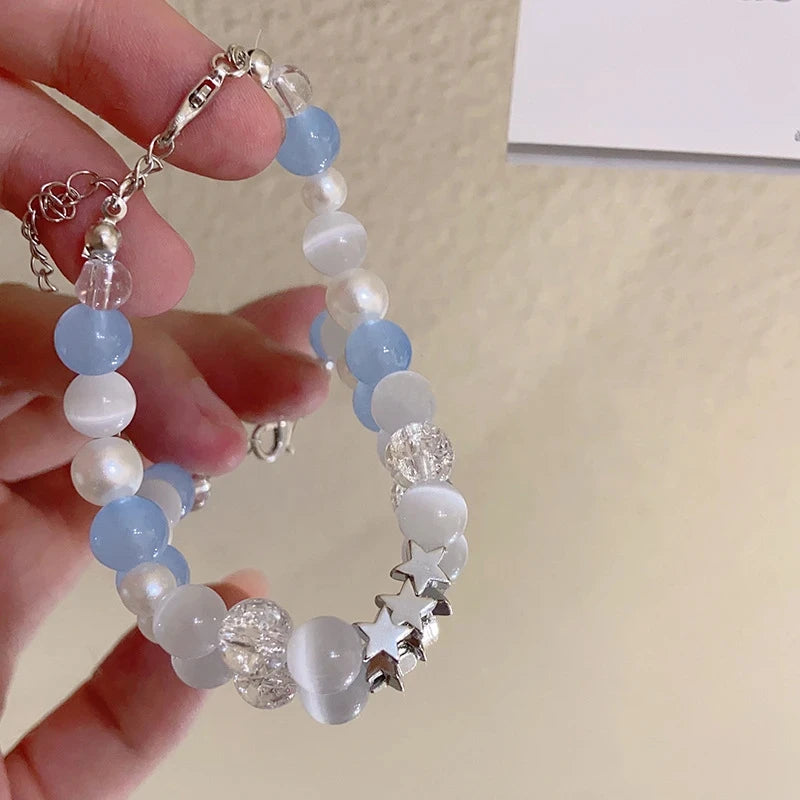 luckacco harajuku pentagram pearl beaded bracelets for women 2023 korean aesthetic cute star blue glass ball bracelets y2k jewelry gifts