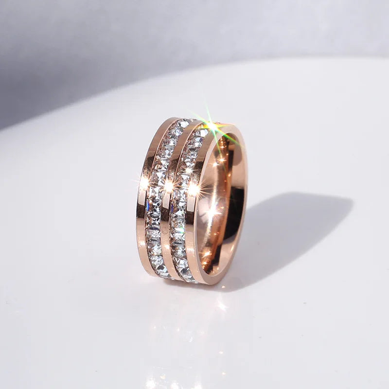 luckacco clear white stones wedding women ring stainless steel 1 and 2 rows bling zircon fashion pair ring female jewelry