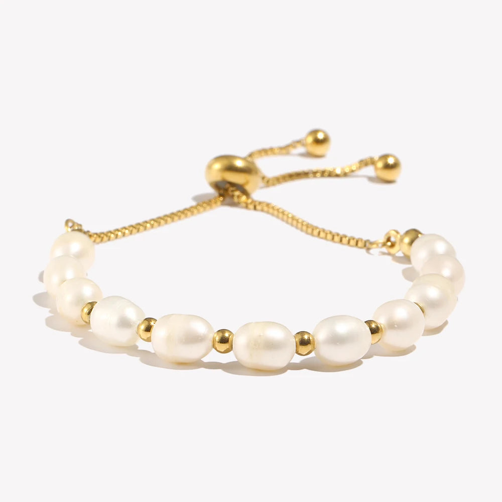 luckacco e.b.belle gold color beads freshwater pearls mixed adjustable stainless steel chain bracelet bangles for women elegant jewelry