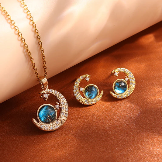 Luckacco Light Luxury Titanium Steel Star Series Necklace for Women Gold Color Planet Moon Astronaut Pendant Necklaces Jewelry Gifts Gold Color Set-1